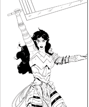 A woman in a black and white drawing is holding a sword and shield.

AI generated content