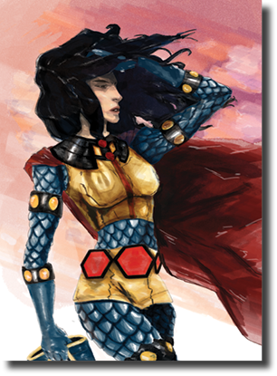 A woman with long hair and a cape is wearing a gold and red outfit.

AI generated content